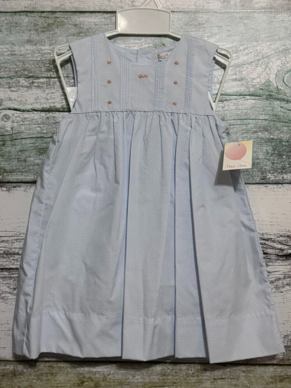Petit Ami Light Blue Dot Dress Bloomers with Pintucks and Embroidery | 24 Months